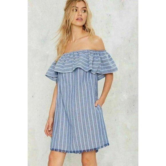 LOVE RICHE Stripe Tulum Off-the-Shoulder Dress - Picture 1 of 3